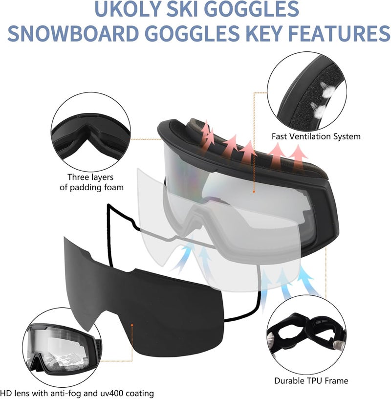 Ukoly Ski/Snowboard Goggles for Men Women, Snow Goggles HD Lens Anti-Fog Coating OTG Design UV400 Protection Windproof - Image 4